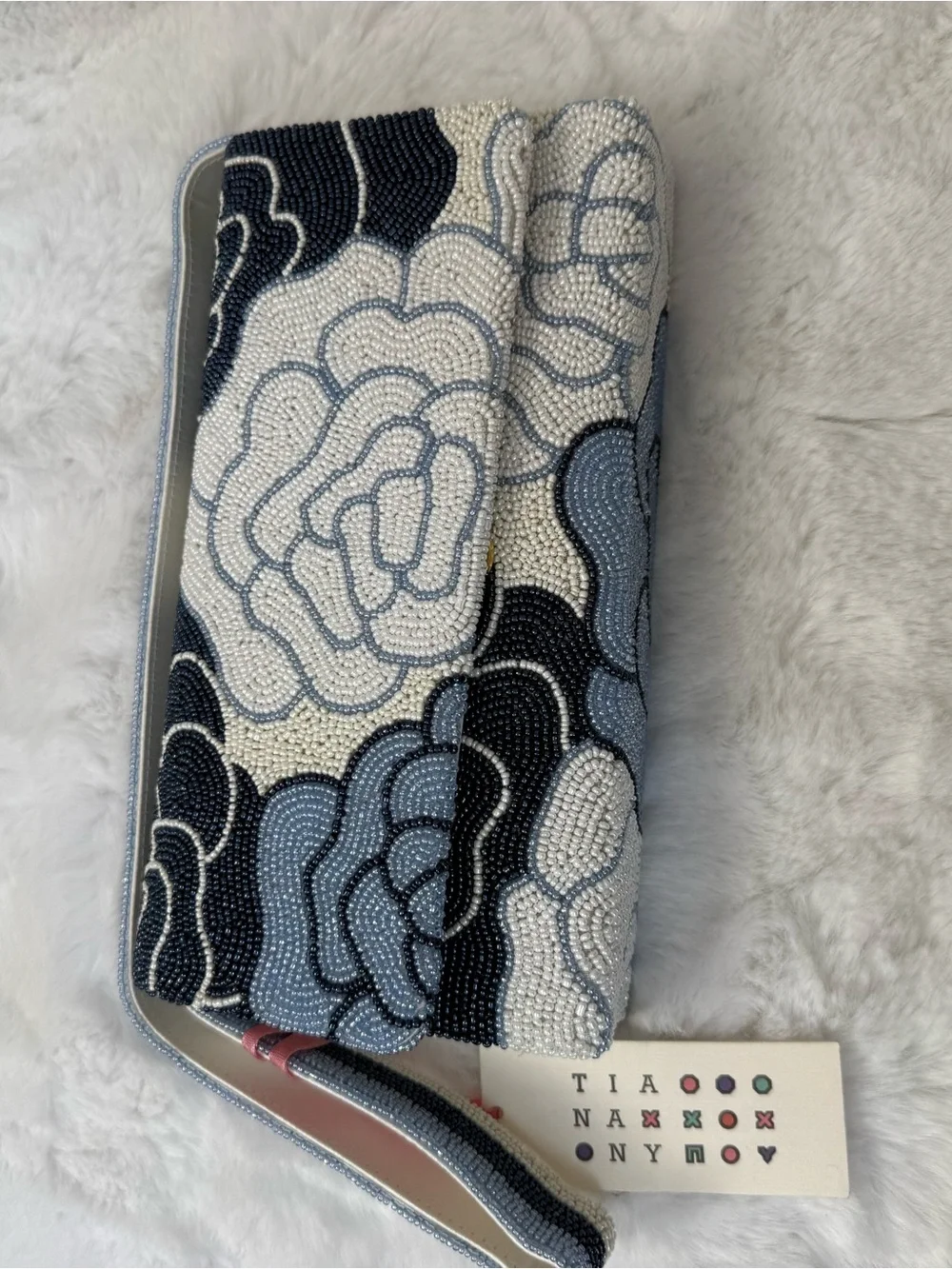 Tiana New York Beaded Floral Clutch Blue White Hand Beaded Wristlet NWT